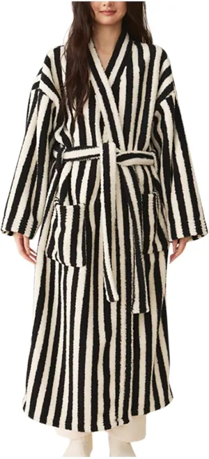 Womens Striped Robe Fleece Plush Soft Fluffy Fuzzy Cozy Winter Warm Lightweight Bathrobe, Shower Spa House Long Robe
