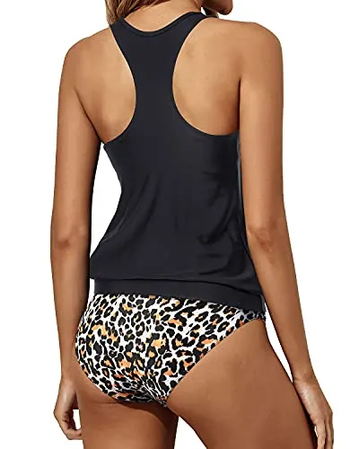 Women's Two Piece Swimsuit Tummy Control Tankini Bathing Suits-Black And Leopard