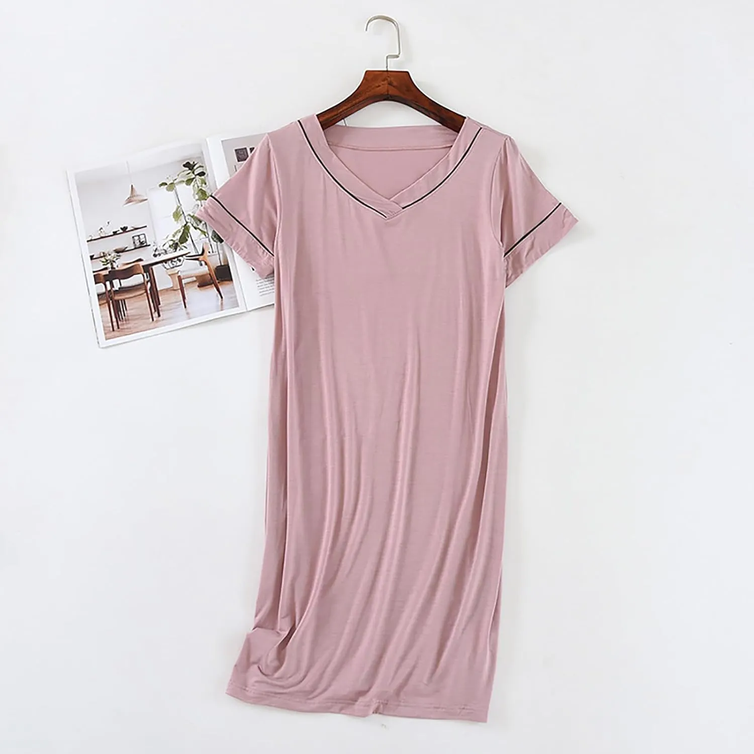 Womens V Neck Sleepshirts Soft Short Sleeve Nightgown Lounge Nightdress Cozy Short House Dress Sleep Shirts