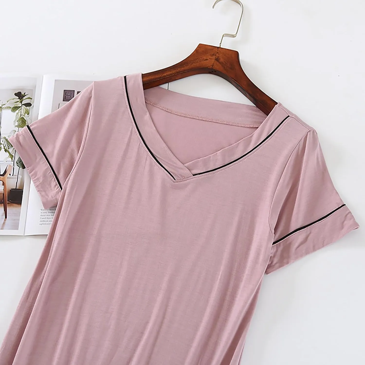 Womens V Neck Sleepshirts Soft Short Sleeve Nightgown Lounge Nightdress Cozy Short House Dress Sleep Shirts
