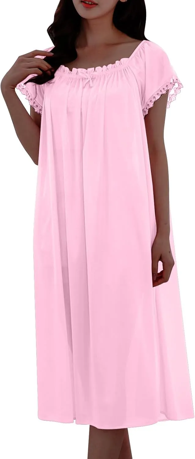 Women's Vintage Silky Nightgown Victorian Style Nightshirt Loose Flowy Pleated Lounge Dress Pajama Shirt Sleepwear