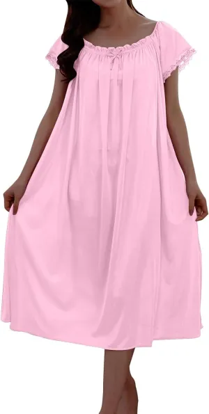 Women's Vintage Silky Nightgown Victorian Style Nightshirt Loose Flowy Pleated Lounge Dress Pajama Shirt Sleepwear