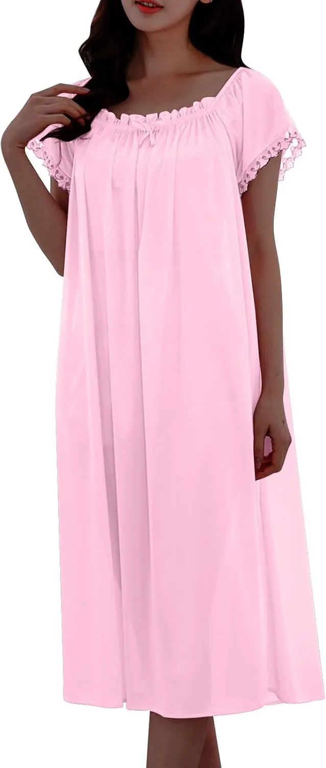 Women's Vintage Silky Nightgown Victorian Style Nightshirt Loose Flowy Pleated Lounge Dress Pajama Shirt Sleepwear