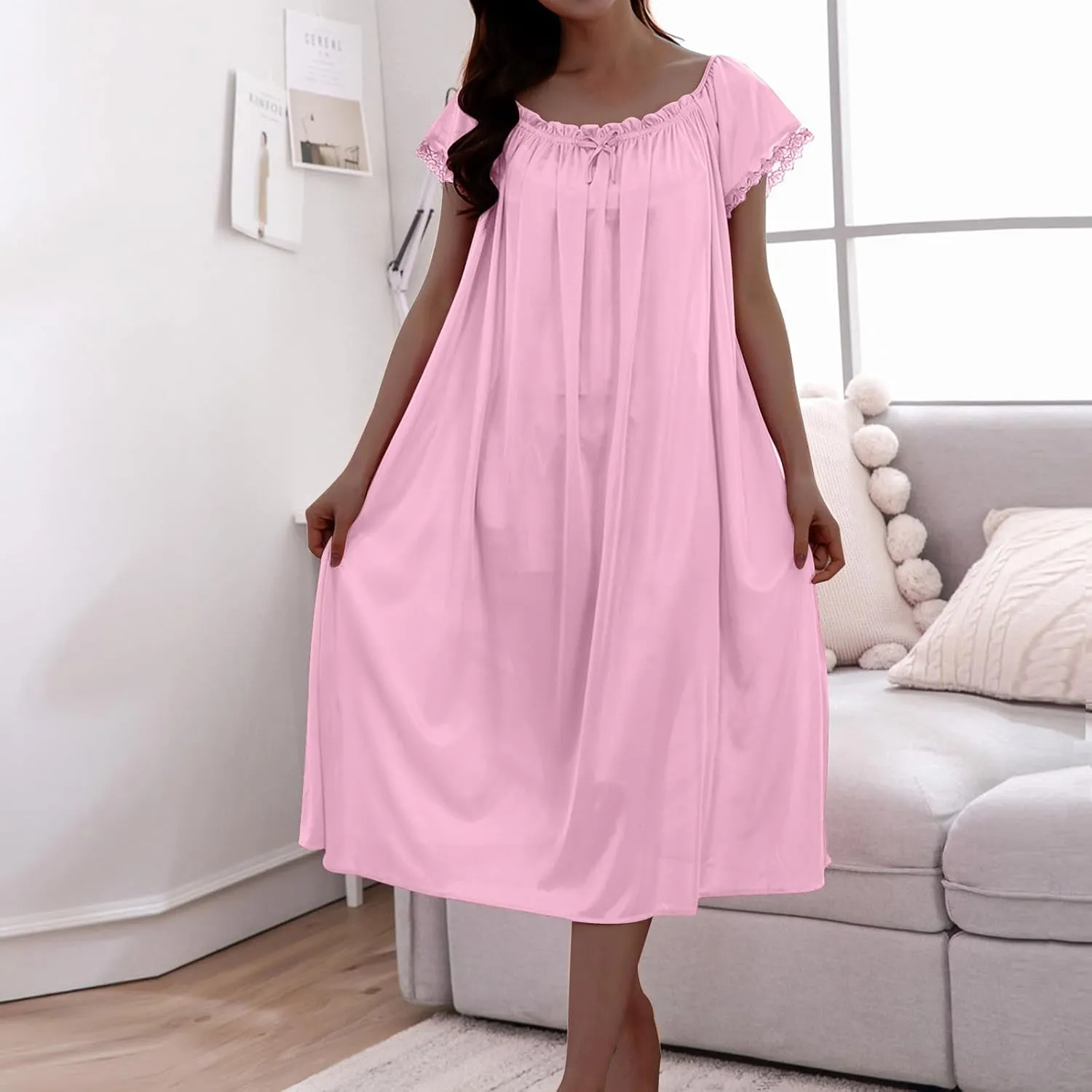 Women's Vintage Silky Nightgown Victorian Style Nightshirt Loose Flowy Pleated Lounge Dress Pajama Shirt Sleepwear