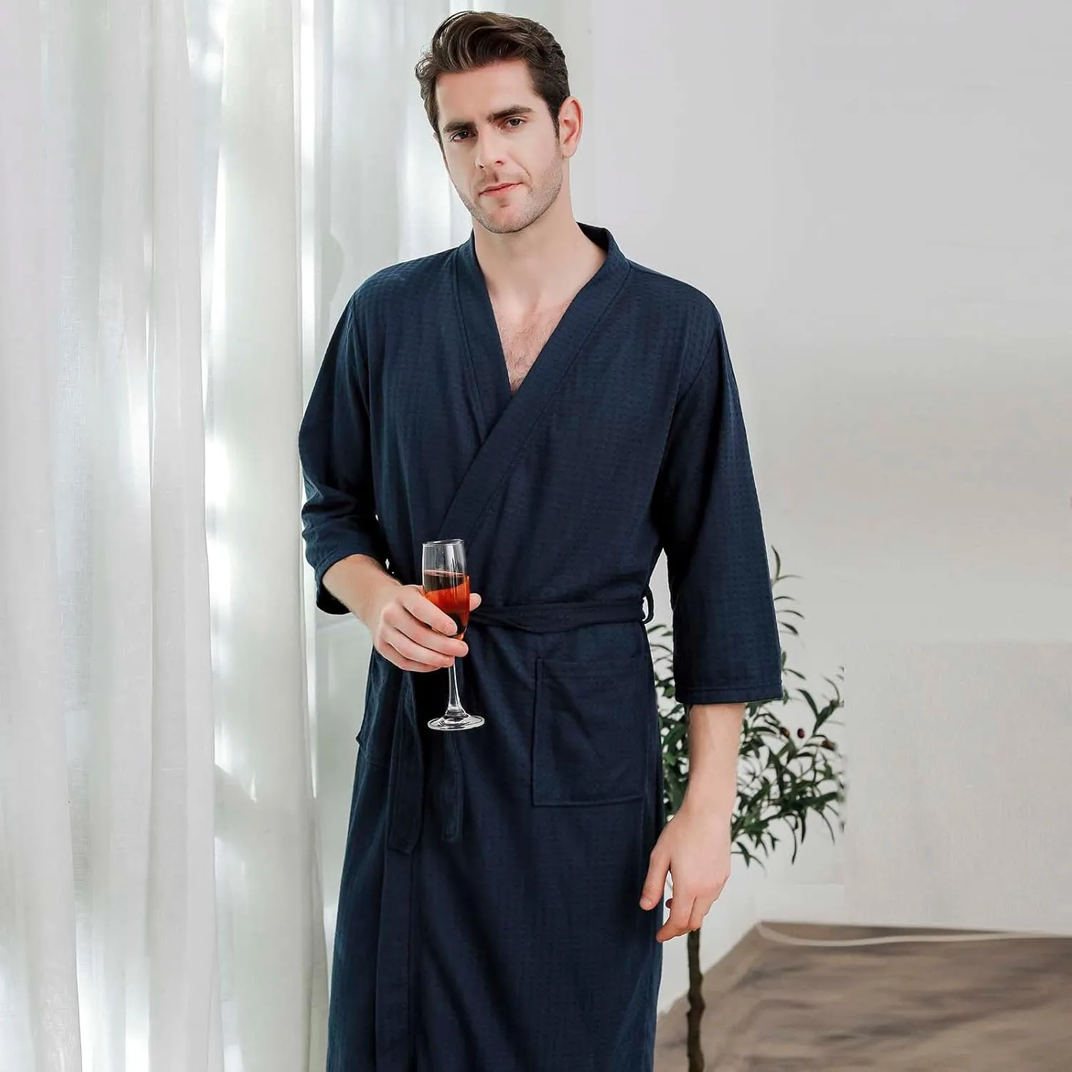 Womens Waffle Knit Bathrobe Long Sleeve Pajama Robe Solid Color Nightwear with Belt Soft Sleepwear Gown Loose Pyjamas