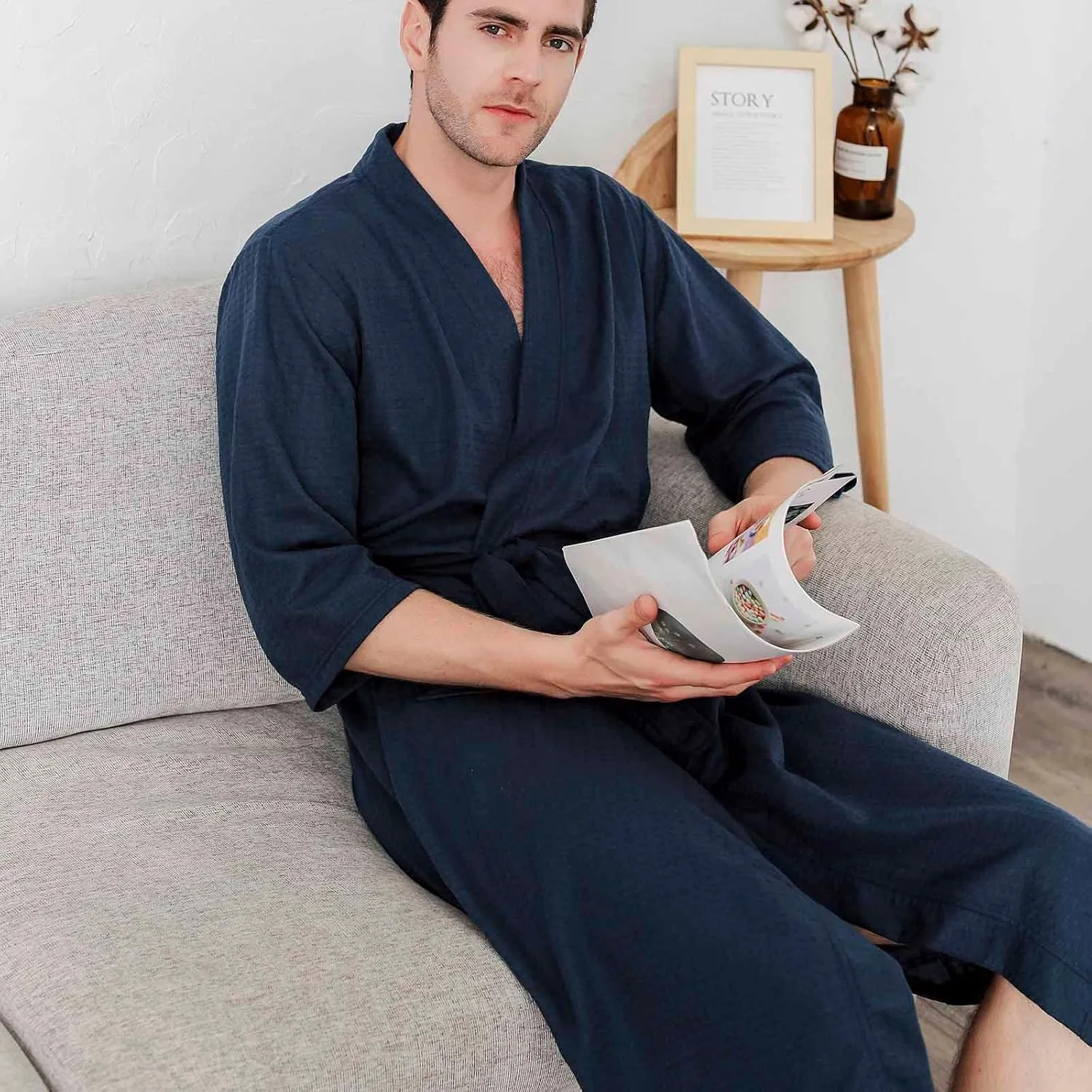 Womens Waffle Knit Bathrobe Long Sleeve Pajama Robe Solid Color Nightwear with Belt Soft Sleepwear Gown Loose Pyjamas