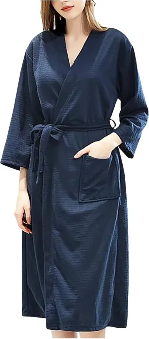 Womens Waffle Knit Bathrobe Long Sleeve Pajama Robe Solid Color Nightwear with Belt Soft Sleepwear Gown Loose Pyjamas