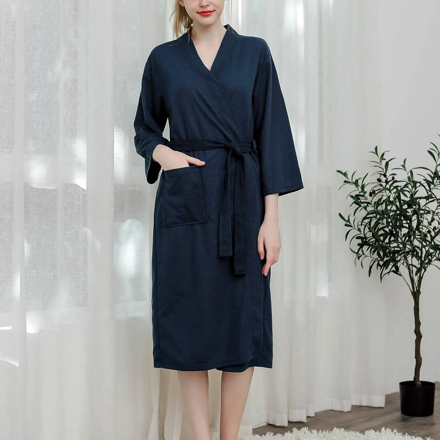 Womens Waffle Knit Bathrobe Long Sleeve Pajama Robe Solid Color Nightwear with Belt Soft Sleepwear Gown Loose Pyjamas