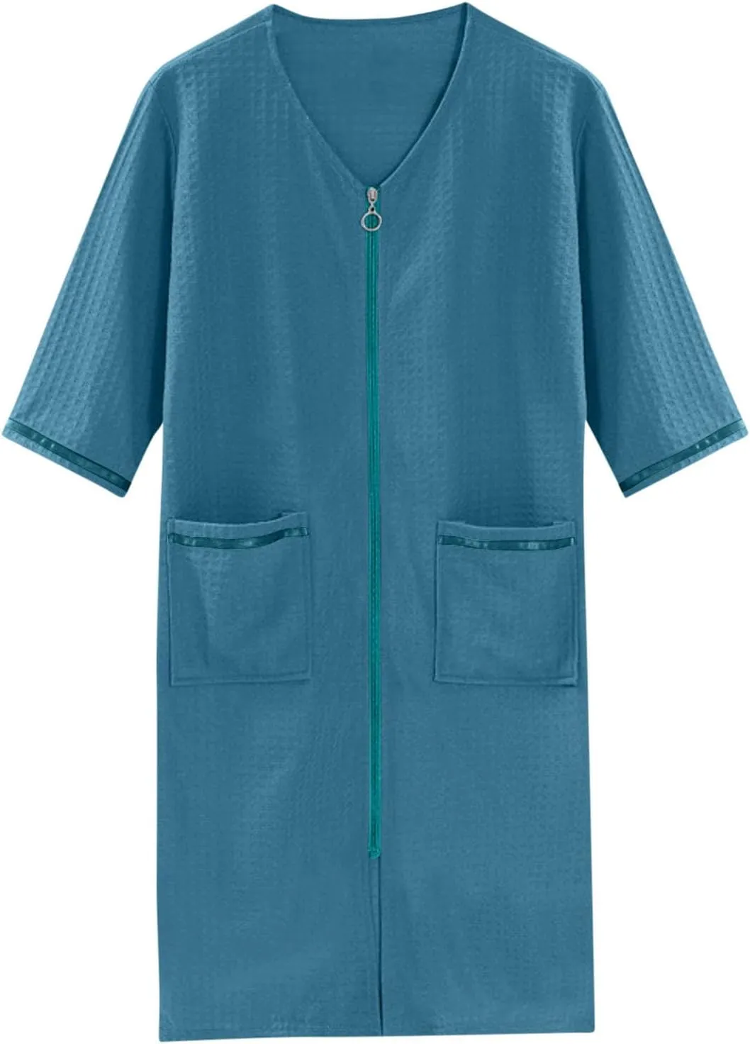 Womens Waffle Pajamas Robe Solid Bathrobe with Zipper Sleepwear 3/4 Sleeve Loungewear Knee Length Nightgown Nightwear