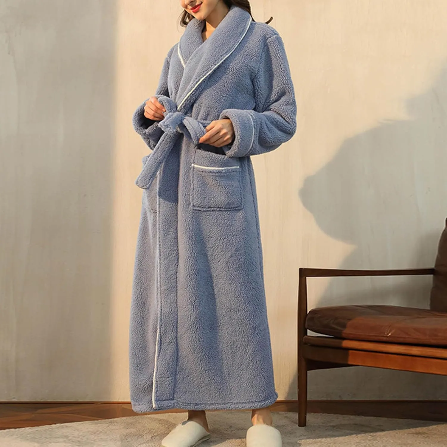 Women's Winter Thick Warm Fuzzy Bathrobe, Long Sleeve Plush Super Soft Loungewear Robe Luxury Spa Shower Nightgowns