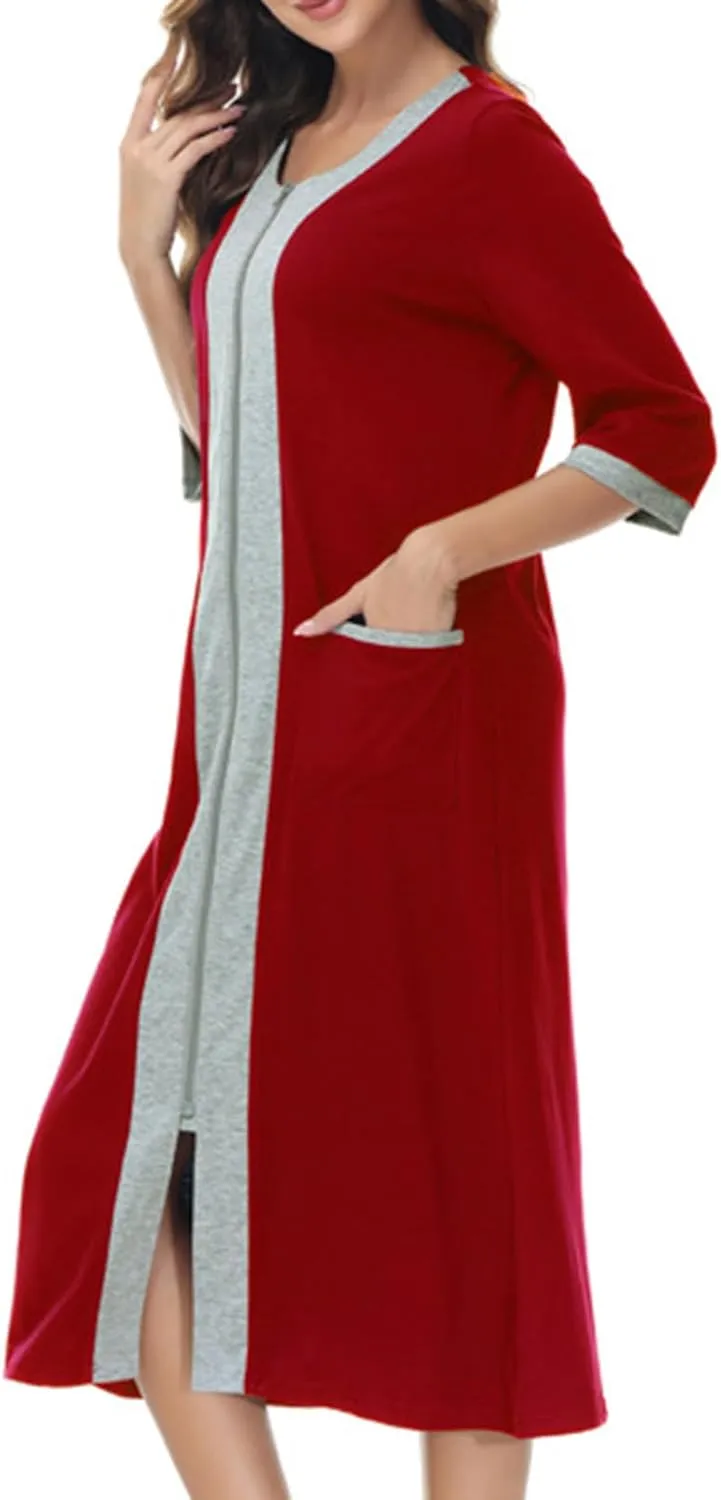 Women's Zip Up Cotton Housecoat Zipper Front Robe Lightweight Bathrobe 3/4 Sleeve Loungewear Nightgowns with Pockets