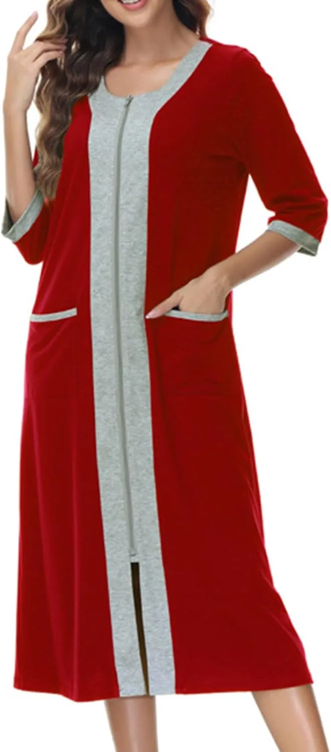 Women's Zip Up Cotton Housecoat Zipper Front Robe Lightweight Bathrobe 3/4 Sleeve Loungewear Nightgowns with Pockets