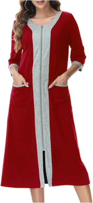 Women's Zip Up Cotton Housecoat Zipper Front Robe Lightweight Bathrobe 3/4 Sleeve Loungewear Nightgowns with Pockets