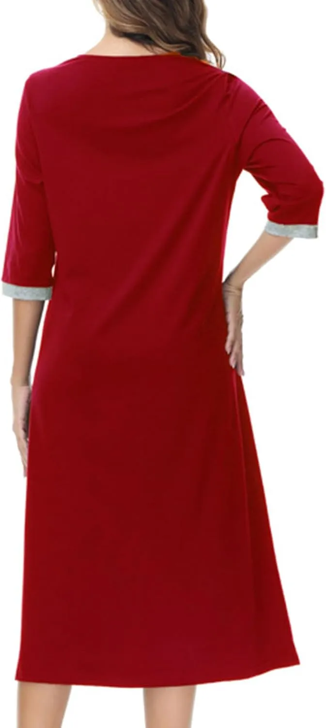 Women's Zip Up Cotton Housecoat Zipper Front Robe Lightweight Bathrobe 3/4 Sleeve Loungewear Nightgowns with Pockets