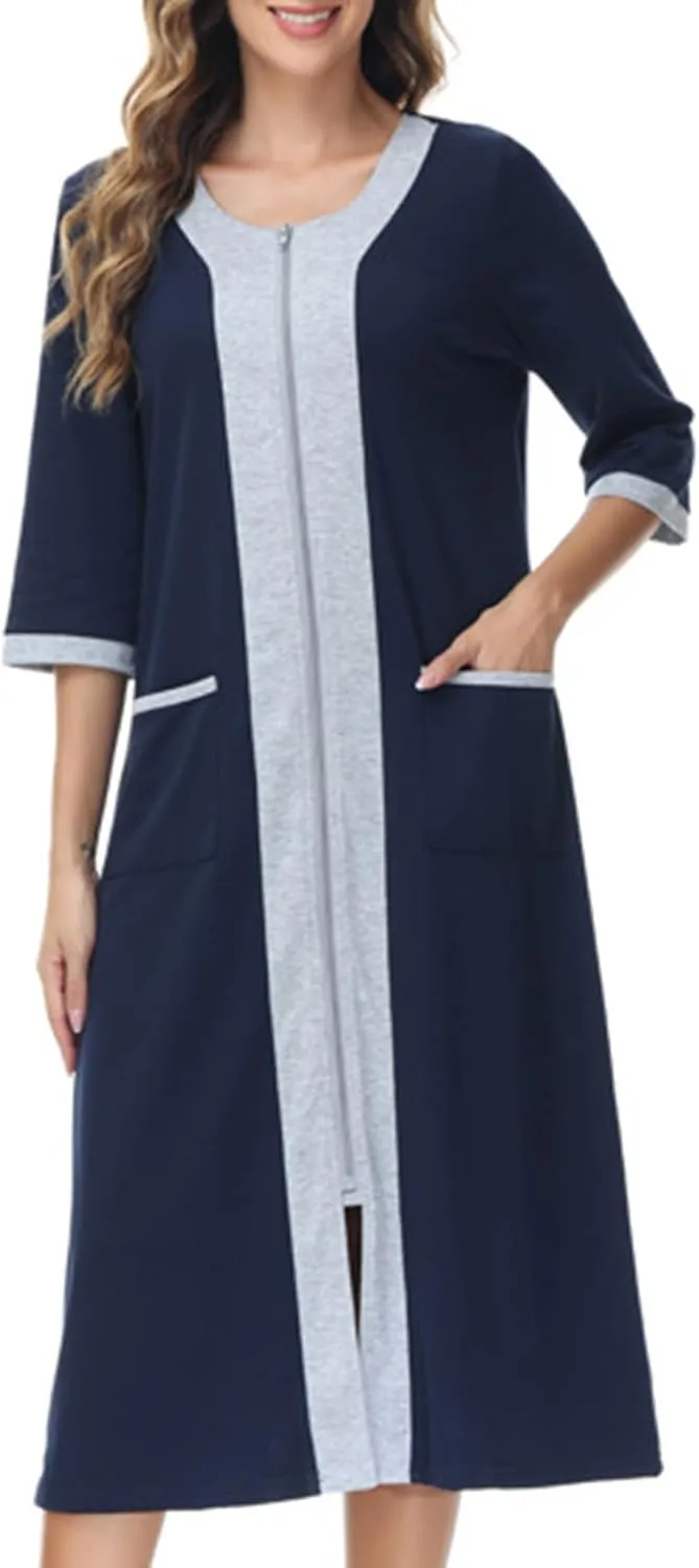 Women's Zipper Front Long Housedress 3/4 Sleeves Round Neck Robe Casual Loose Fit Cozy Nightgown with Pockets
