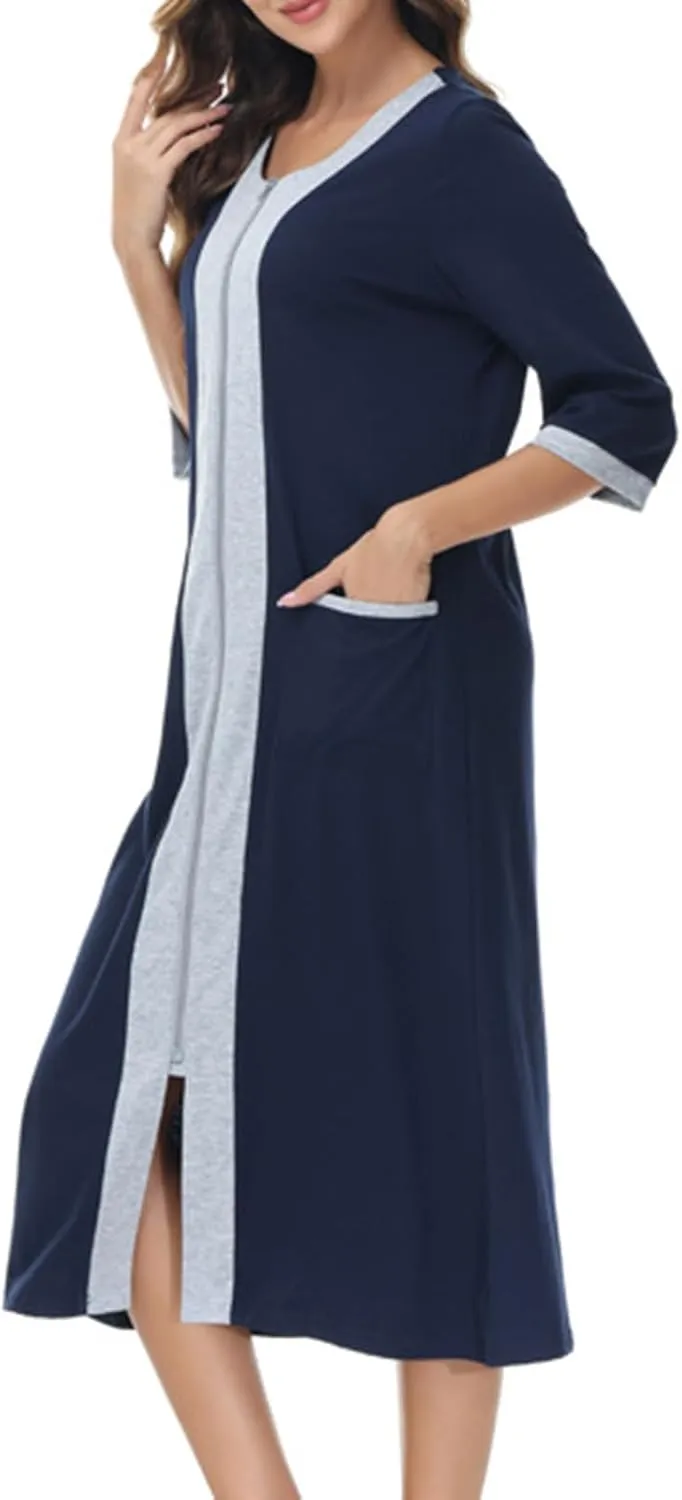 Women's Zipper Front Long Housedress 3/4 Sleeves Round Neck Robe Casual Loose Fit Cozy Nightgown with Pockets