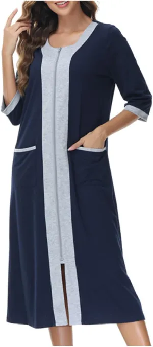 Women's Zipper Front Long Housedress 3/4 Sleeves Round Neck Robe Casual Loose Fit Cozy Nightgown with Pockets