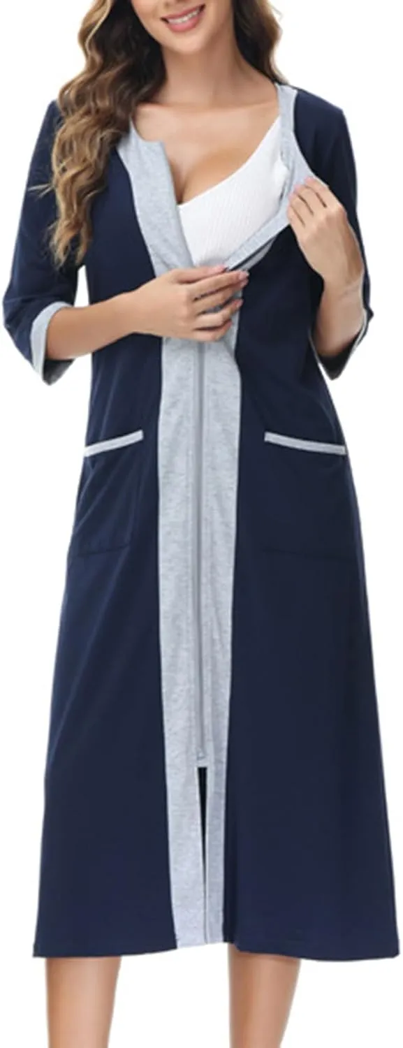 Women's Zipper Front Long Housedress 3/4 Sleeves Round Neck Robe Casual Loose Fit Cozy Nightgown with Pockets