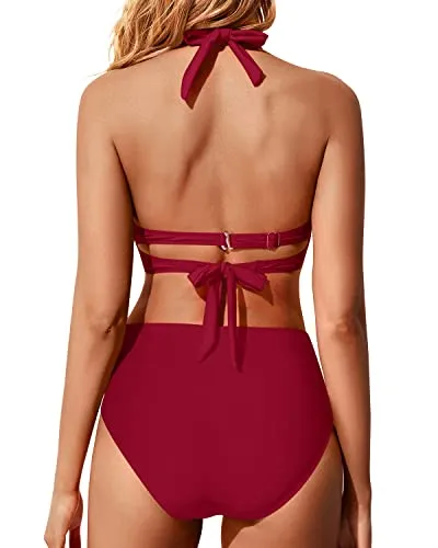 Wrap Front High Waisted Bikini Sets Halter Top Tummy Control Swimsuit-Red
