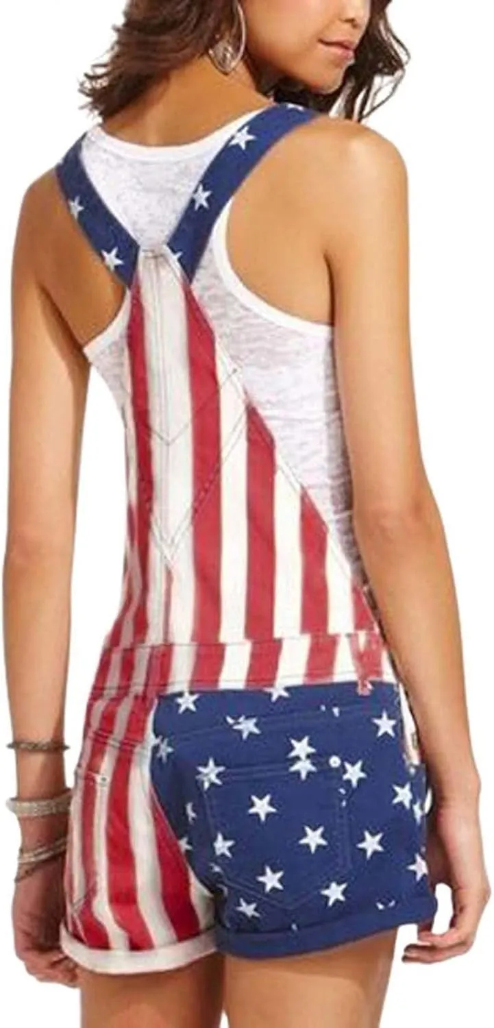 WUAI 4th of July Womens American Flag Rompers Jumpsuits Casual Denim Shorts Overalls Bib Pants Couple's Onesie Jeans Romper