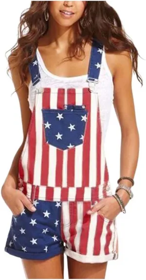 WUAI 4th of July Womens American Flag Rompers Jumpsuits Casual Denim Shorts Overalls Bib Pants Couple's Onesie Jeans Romper