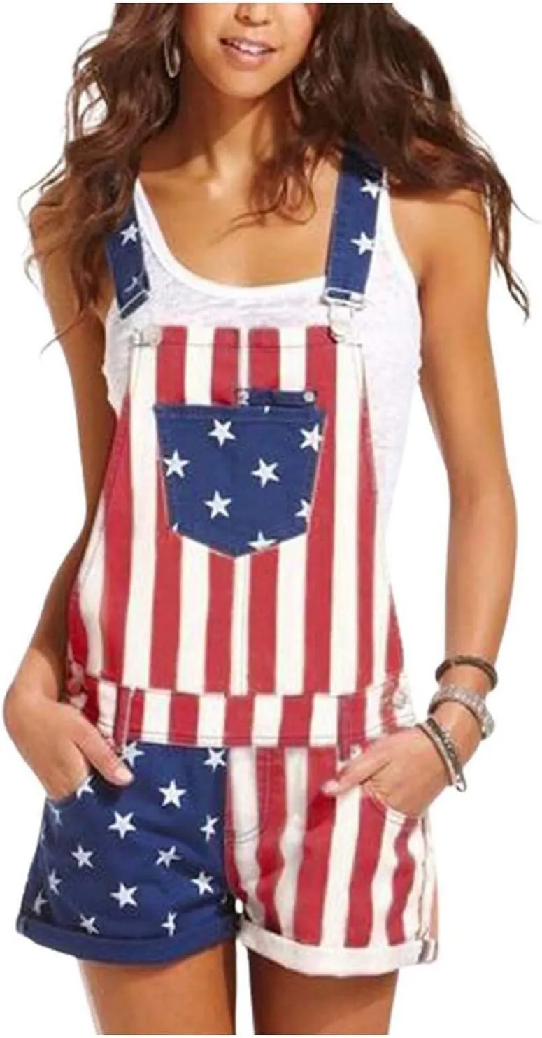 WUAI 4th of July Womens American Flag Rompers Jumpsuits Casual Denim Shorts Overalls Bib Pants Couple's Onesie Jeans Romper