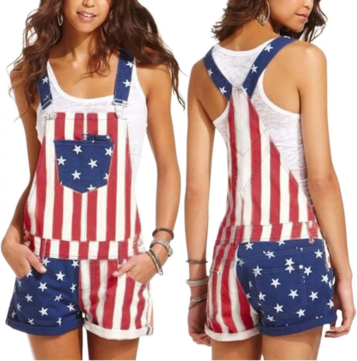 WUAI 4th of July Womens American Flag Rompers Jumpsuits Casual Denim Shorts Overalls Bib Pants Couple's Onesie Jeans Romper