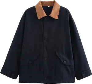 Wyeysyt Lightweight Barn Jacket for Women Corduroy Collar Canvas Jackets Button Down Outwear with Pockets