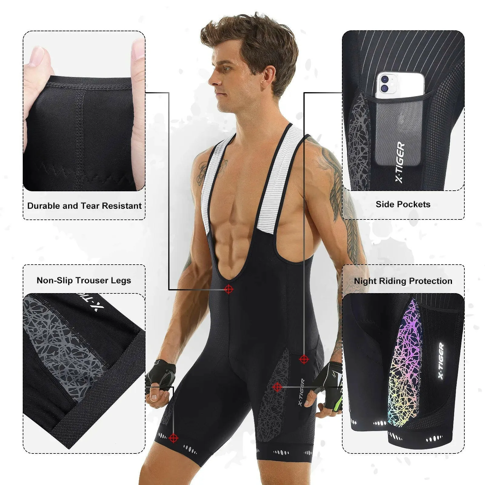 X-TIGER Cycling Bib Shorts Men’s 5D Padded Bike Bibs Biking Tights With Pockets Triathlon Pro Licra UPF50  Bicycle Shorts