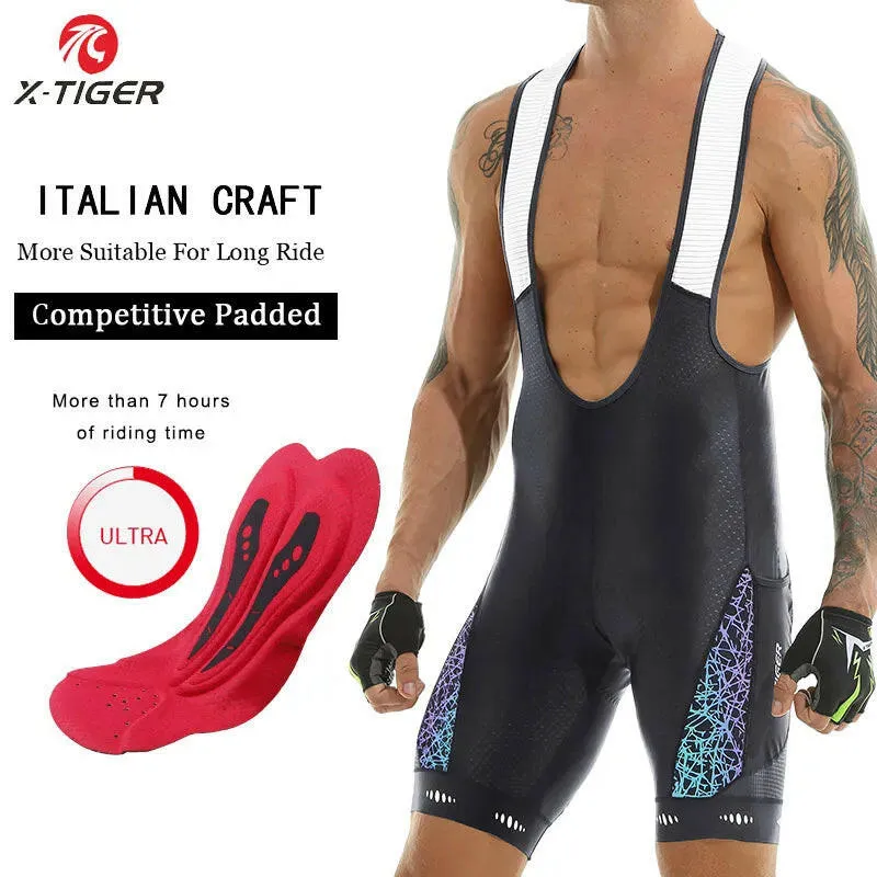 X-TIGER Cycling Bib Shorts Men’s 5D Padded Bike Bibs Biking Tights With Pockets Triathlon Pro Licra UPF50  Bicycle Shorts