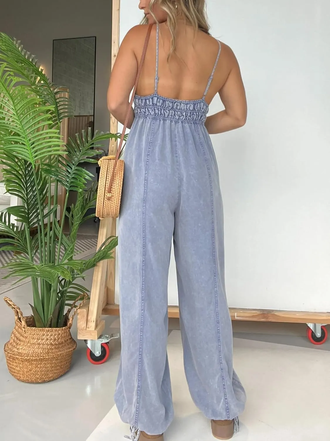 yoeasy Women's V Neck Adjustable Strap Tencel Denim Jumpsuit Lightweight Wide Leg Jeans Overall With Pockets