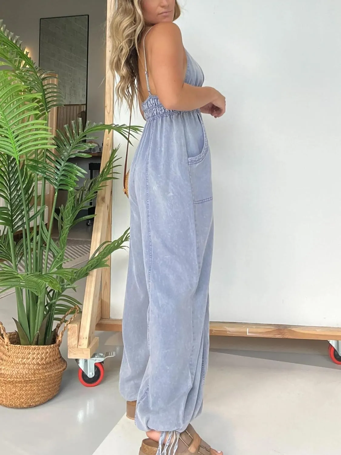 yoeasy Women's V Neck Adjustable Strap Tencel Denim Jumpsuit Lightweight Wide Leg Jeans Overall With Pockets