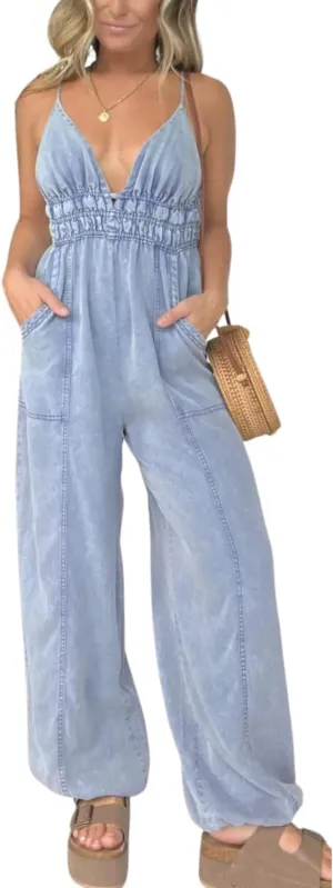 yoeasy Women's V Neck Adjustable Strap Tencel Denim Jumpsuit Lightweight Wide Leg Jeans Overall With Pockets