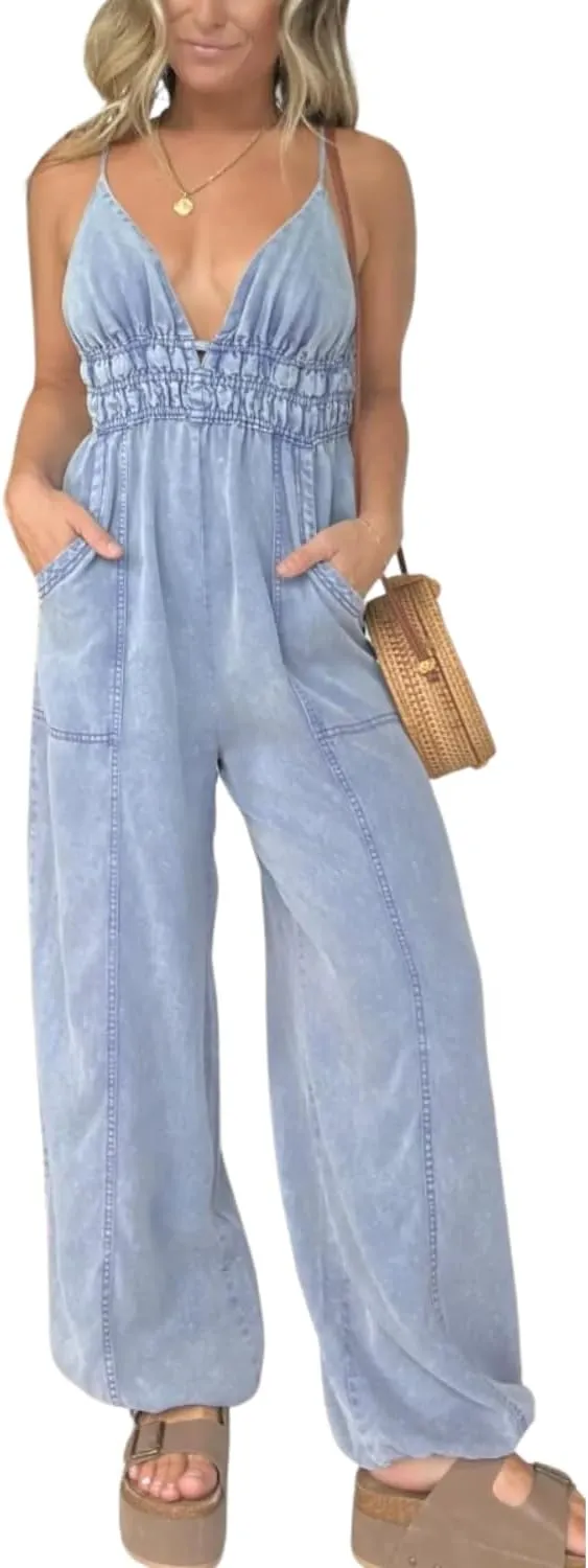 yoeasy Women's V Neck Adjustable Strap Tencel Denim Jumpsuit Lightweight Wide Leg Jeans Overall With Pockets