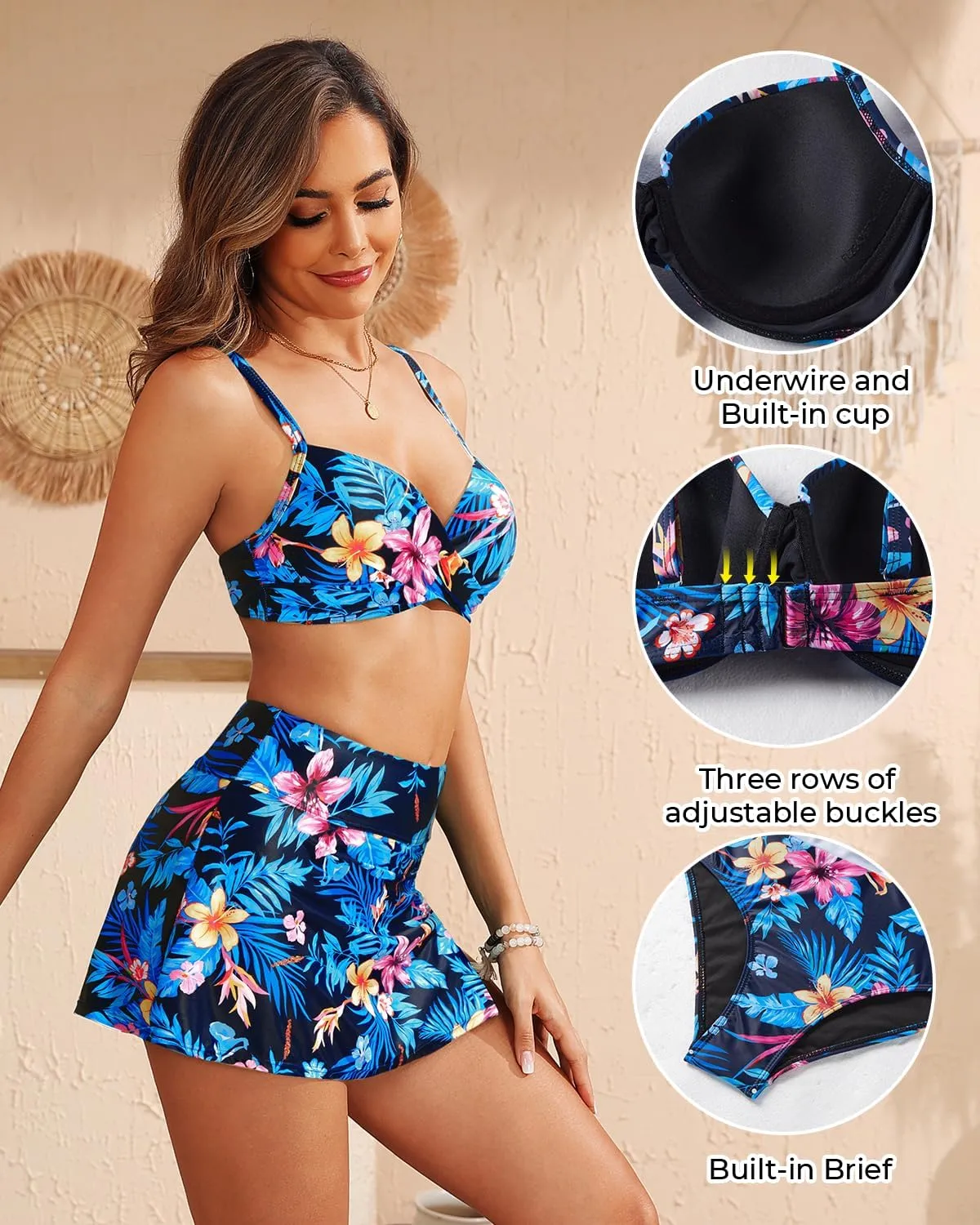 Yonique Womens Underwire Bikini with Skirt - Push Up Bathing Suit Two Piece High Waisted Swimsuit 2025 Swimwear
