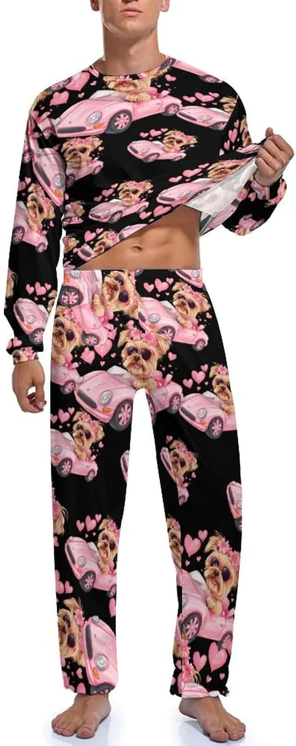 Yorkshire Terrier Sports Car Mens Pajamas Set Long Sleeves Sleepwear Loungewear PJ Set Lounge Set Sleep Set