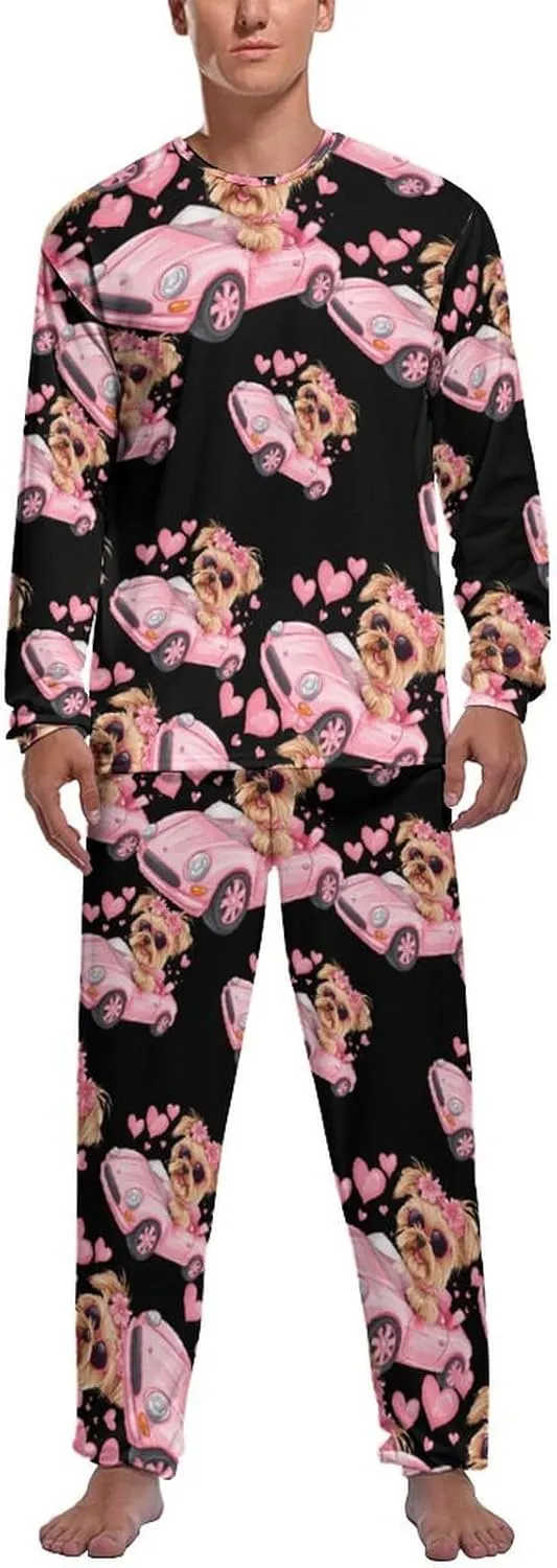 Yorkshire Terrier Sports Car Mens Pajamas Set Long Sleeves Sleepwear Loungewear PJ Set Lounge Set Sleep Set