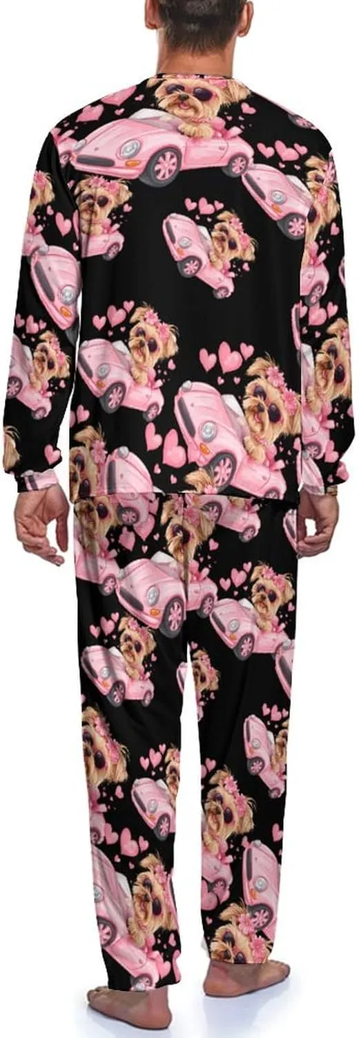 Yorkshire Terrier Sports Car Mens Pajamas Set Long Sleeves Sleepwear Loungewear PJ Set Lounge Set Sleep Set