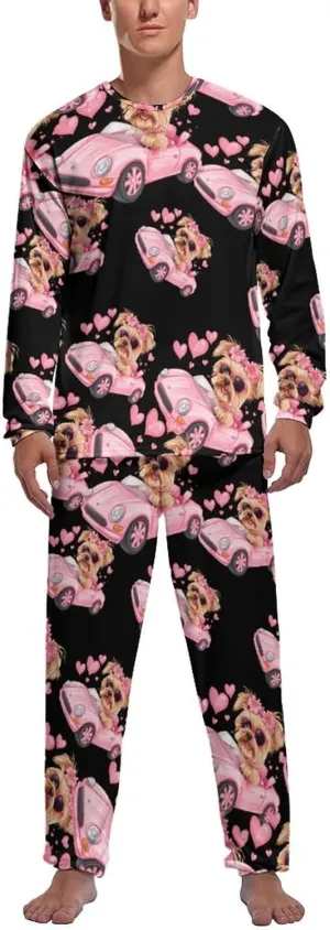 Yorkshire Terrier Sports Car Mens Pajamas Set Long Sleeves Sleepwear Loungewear PJ Set Lounge Set Sleep Set