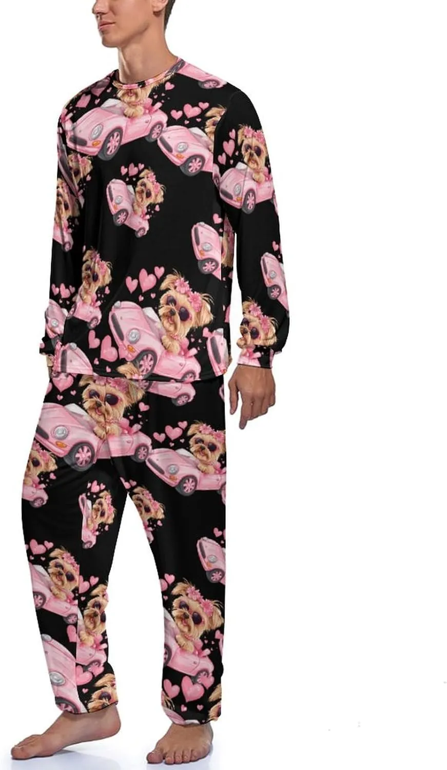Yorkshire Terrier Sports Car Mens Pajamas Set Long Sleeves Sleepwear Loungewear PJ Set Lounge Set Sleep Set