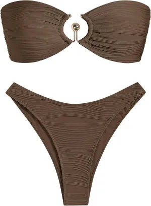 ZAFUL Womens Bandeau Bikini Set Metallic Sparkly O Ring Lace Up Tie Side High Cut Tanga Sexy Bathing Suit Swimwear