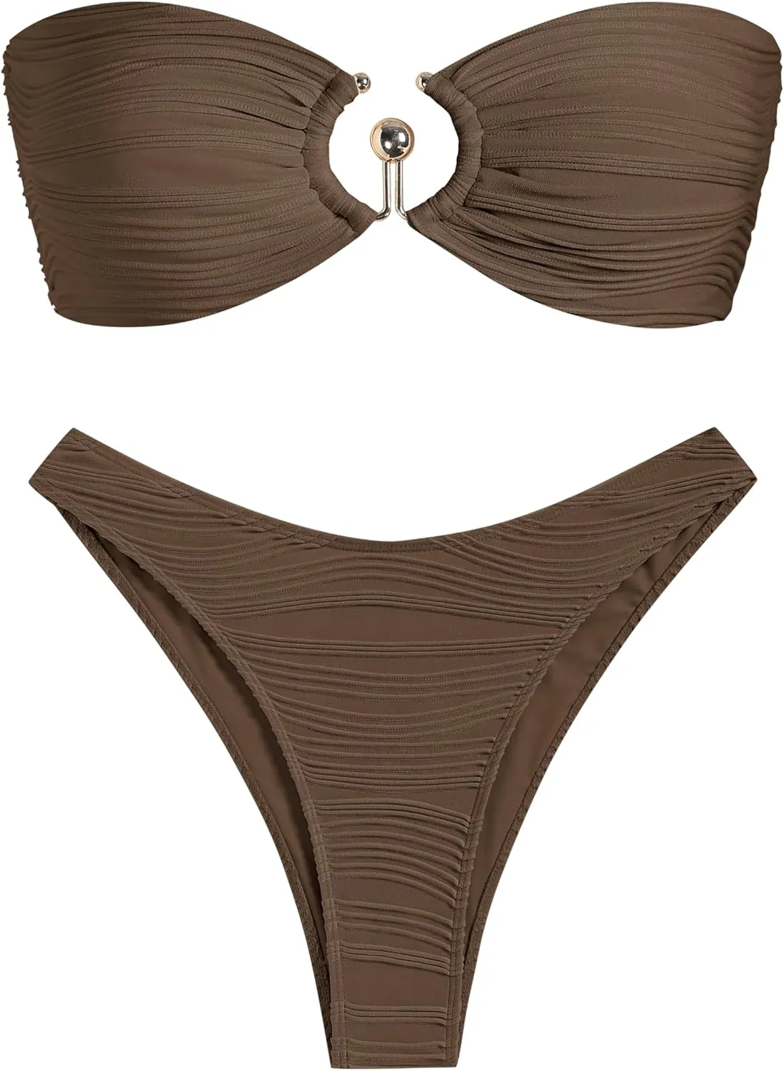 ZAFUL Womens Bandeau Bikini Set Metallic Sparkly O Ring Lace Up Tie Side High Cut Tanga Sexy Bathing Suit Swimwear