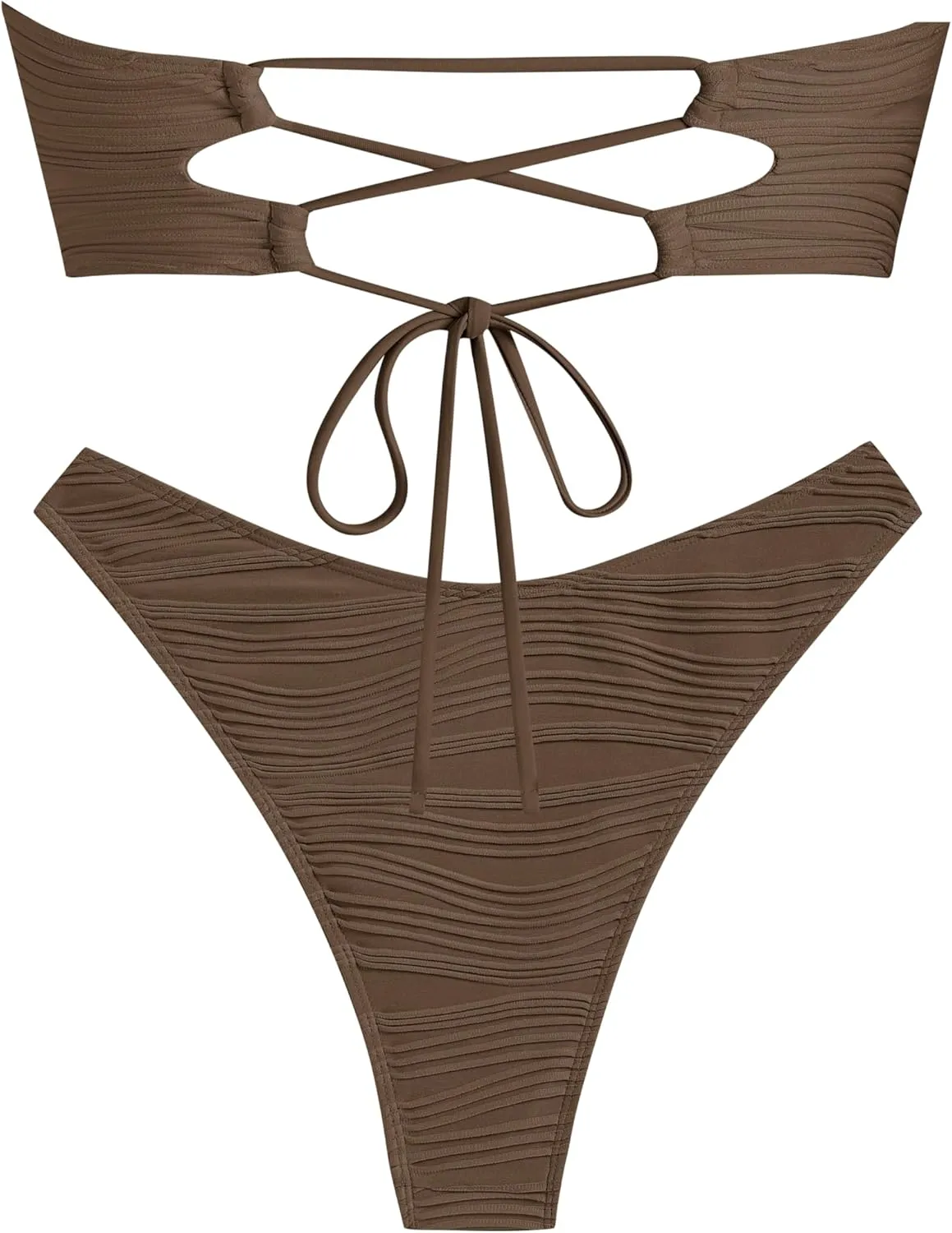 ZAFUL Womens Bandeau Bikini Set Metallic Sparkly O Ring Lace Up Tie Side High Cut Tanga Sexy Bathing Suit Swimwear