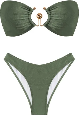 ZAFUL Womens Bandeau Bikini Set Metallic Sparkly O Ring Lace Up Tie Side High Cut Tanga Sexy Bathing Suit Swimwear