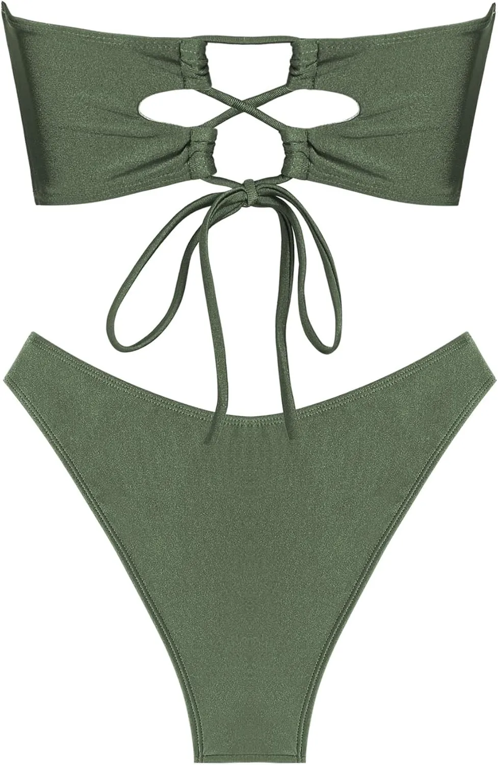 ZAFUL Womens Bandeau Bikini Set Metallic Sparkly O Ring Lace Up Tie Side High Cut Tanga Sexy Bathing Suit Swimwear