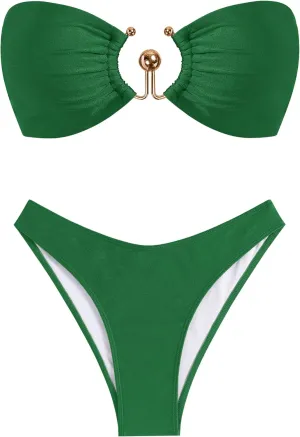 ZAFUL Womens Bandeau Bikini Set Metallic Sparkly O Ring Lace Up Tie Side High Cut Tanga Sexy Bathing Suit Swimwear