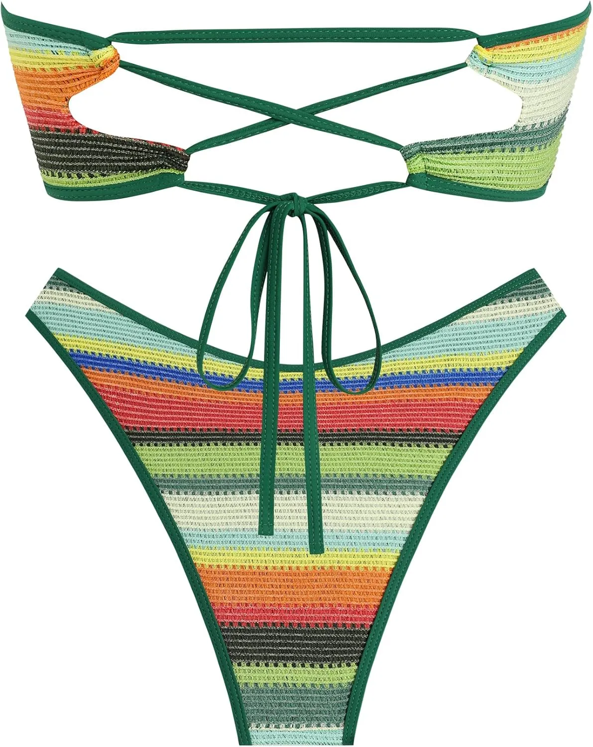 ZAFUL Women's Bandeau Bikini V Strapless Confetti Colorblock Tie Back High Cut Two Piece Swimsuit Bathing Suits