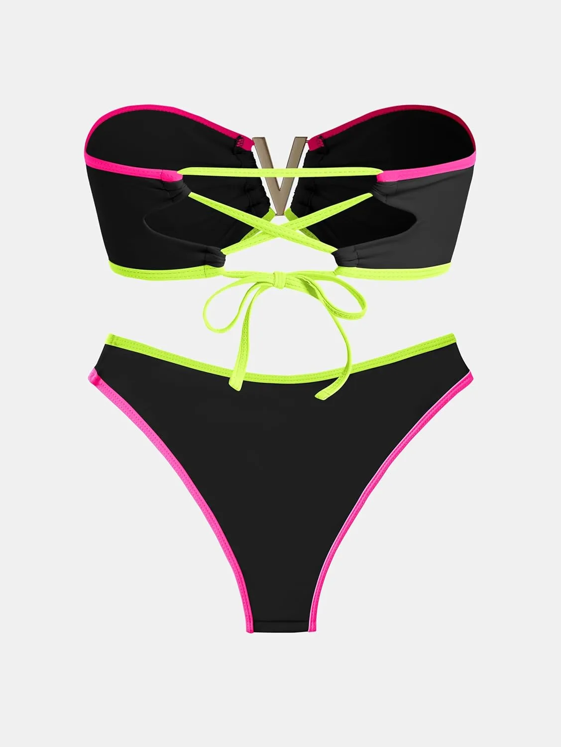 ZAFUL Women's Bandeau Bikini V Strapless Confetti Colorblock Tie Back High Cut Two Piece Swimsuit Bathing Suits
