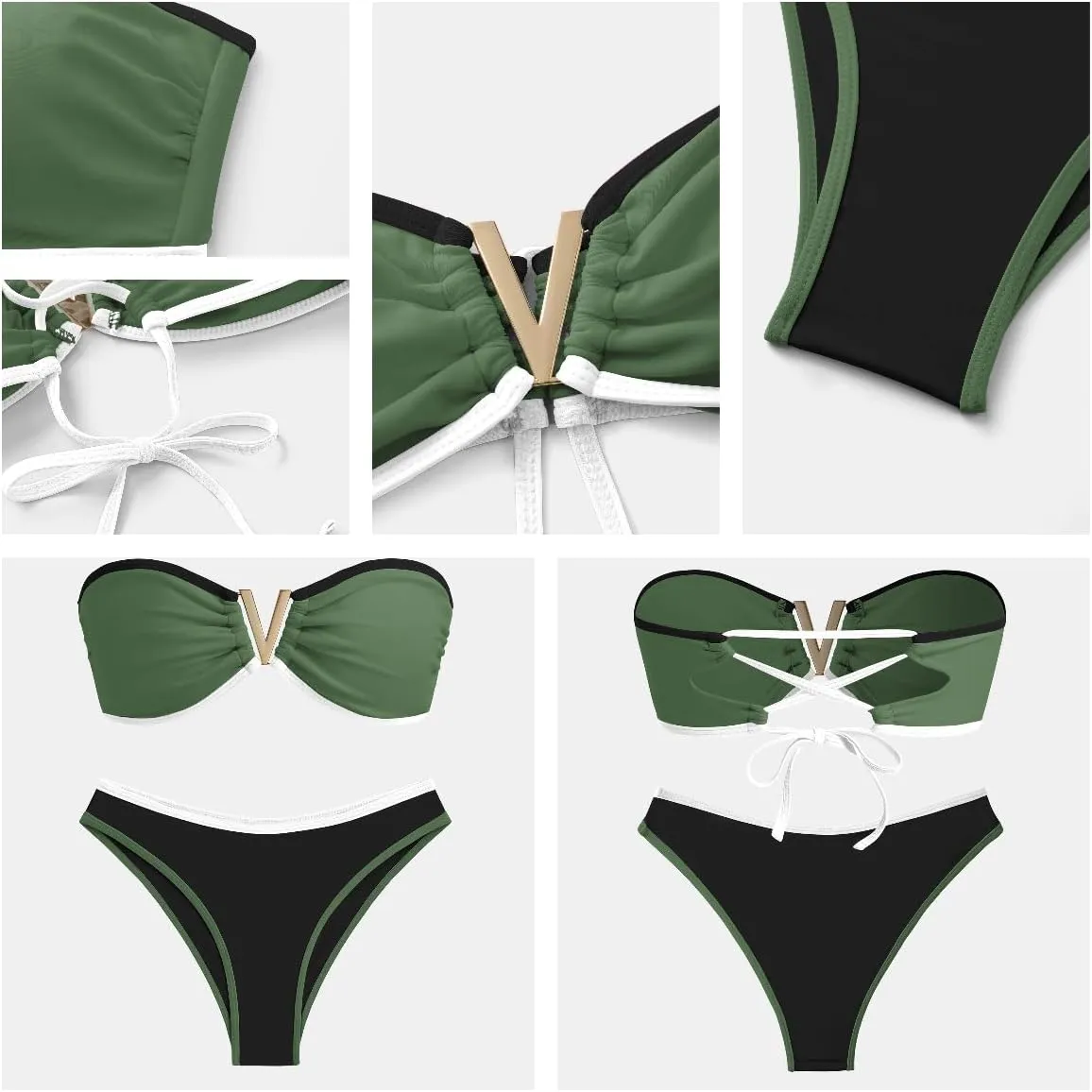 ZAFUL Women's Bandeau Bikini V Strapless Confetti Colorblock Tie Back High Cut Two Piece Swimsuit Bathing Suits