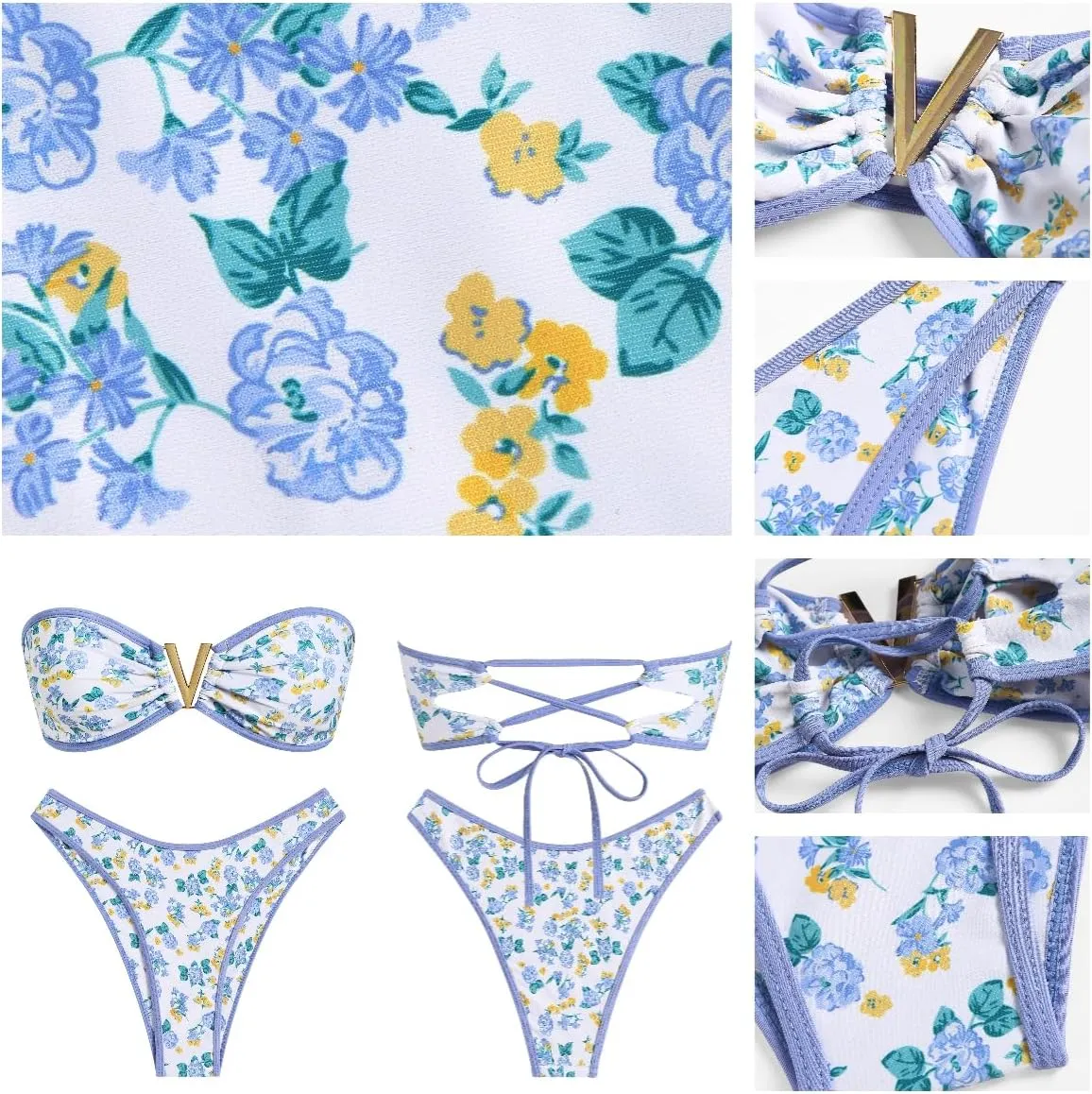 ZAFUL Women's Bandeau Bikini V Strapless Confetti Colorblock Tie Back High Cut Two Piece Swimsuit Bathing Suits